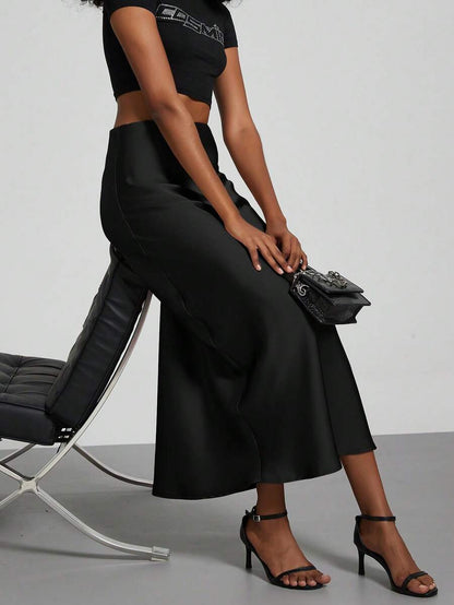 Rosabel Silky Satin Elastic Waist Maxi Slip Skirt - Black