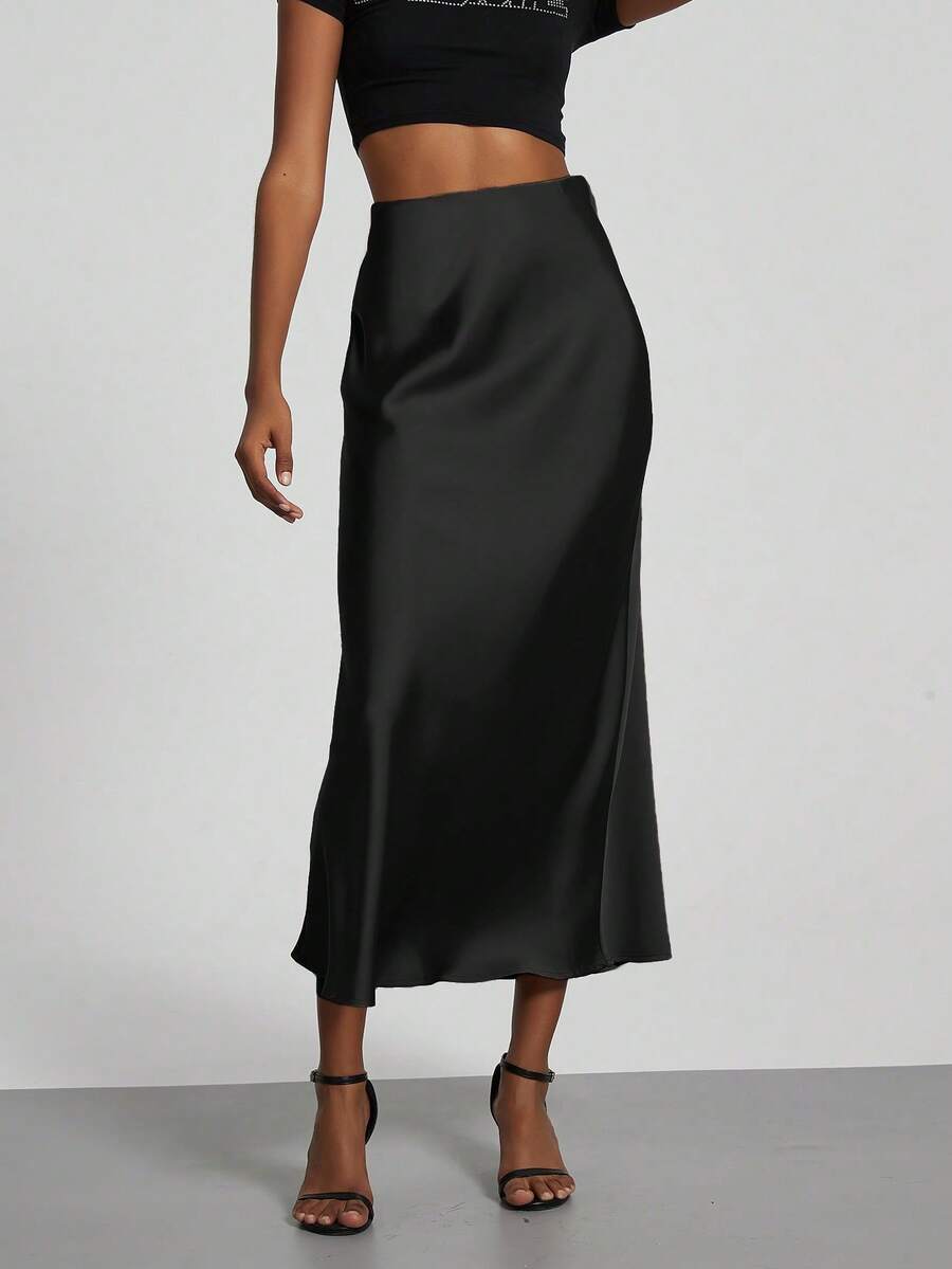 Rosabel Silky Satin Elastic Waist Maxi Slip Skirt - Black