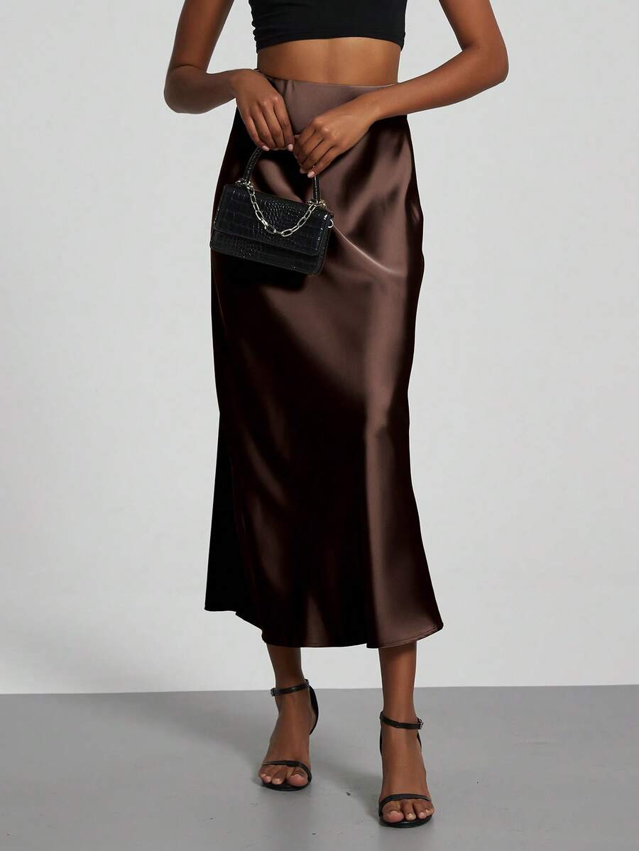 Rosabel Silky Satin Elastic Waist Maxi Slip Skirt - Chocolate Brown