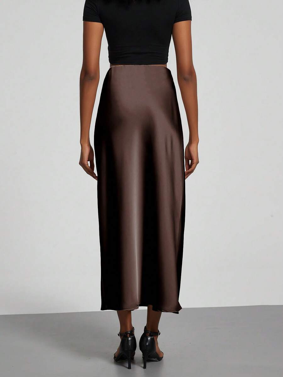 Rosabel Silky Satin Elastic Waist Maxi Slip Skirt - Chocolate Brown