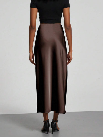 Rosabel Silky Satin Elastic Waist Maxi Slip Skirt - Chocolate Brown
