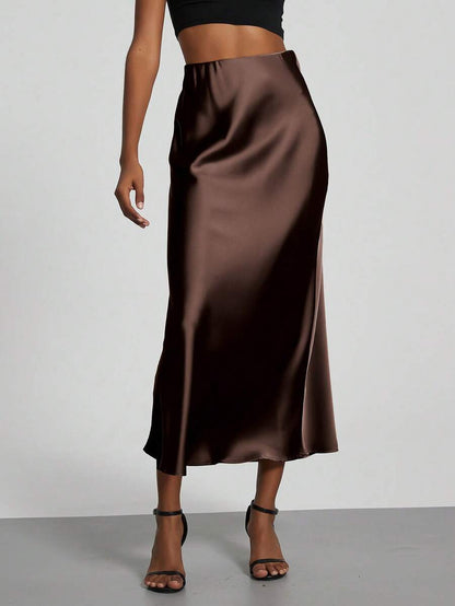 Rosabel Silky Satin Elastic Waist Maxi Slip Skirt - Chocolate Brown