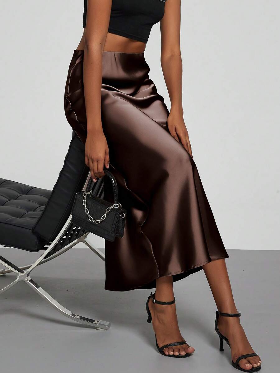 Rosabel Silky Satin Elastic Waist Maxi Slip Skirt - Chocolate Brown