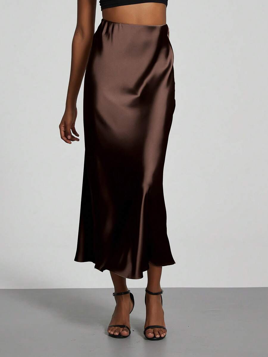 Rosabel Silky Satin Elastic Waist Maxi Slip Skirt - Chocolate Brown