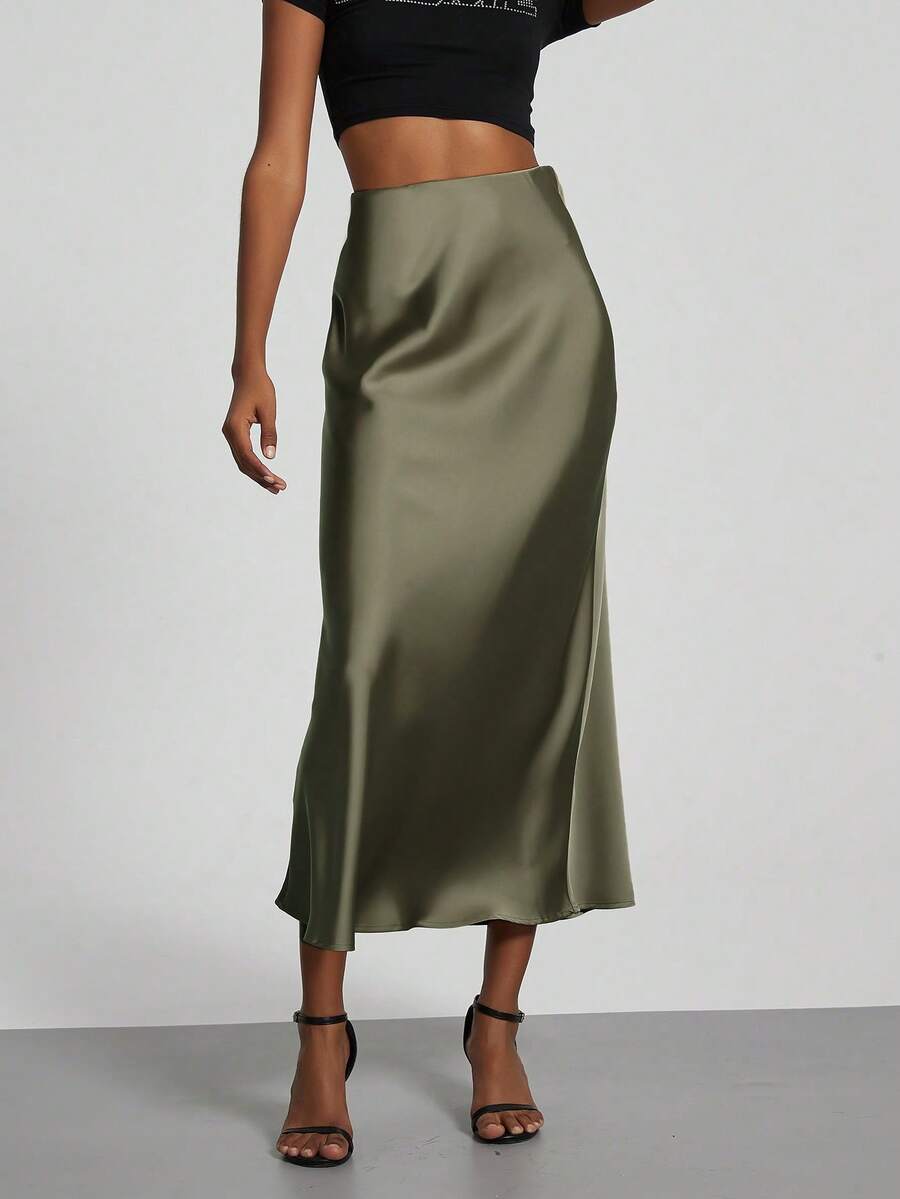 Rosabel Silky Satin Elastic Waist Maxi Slip Skirt - Olive