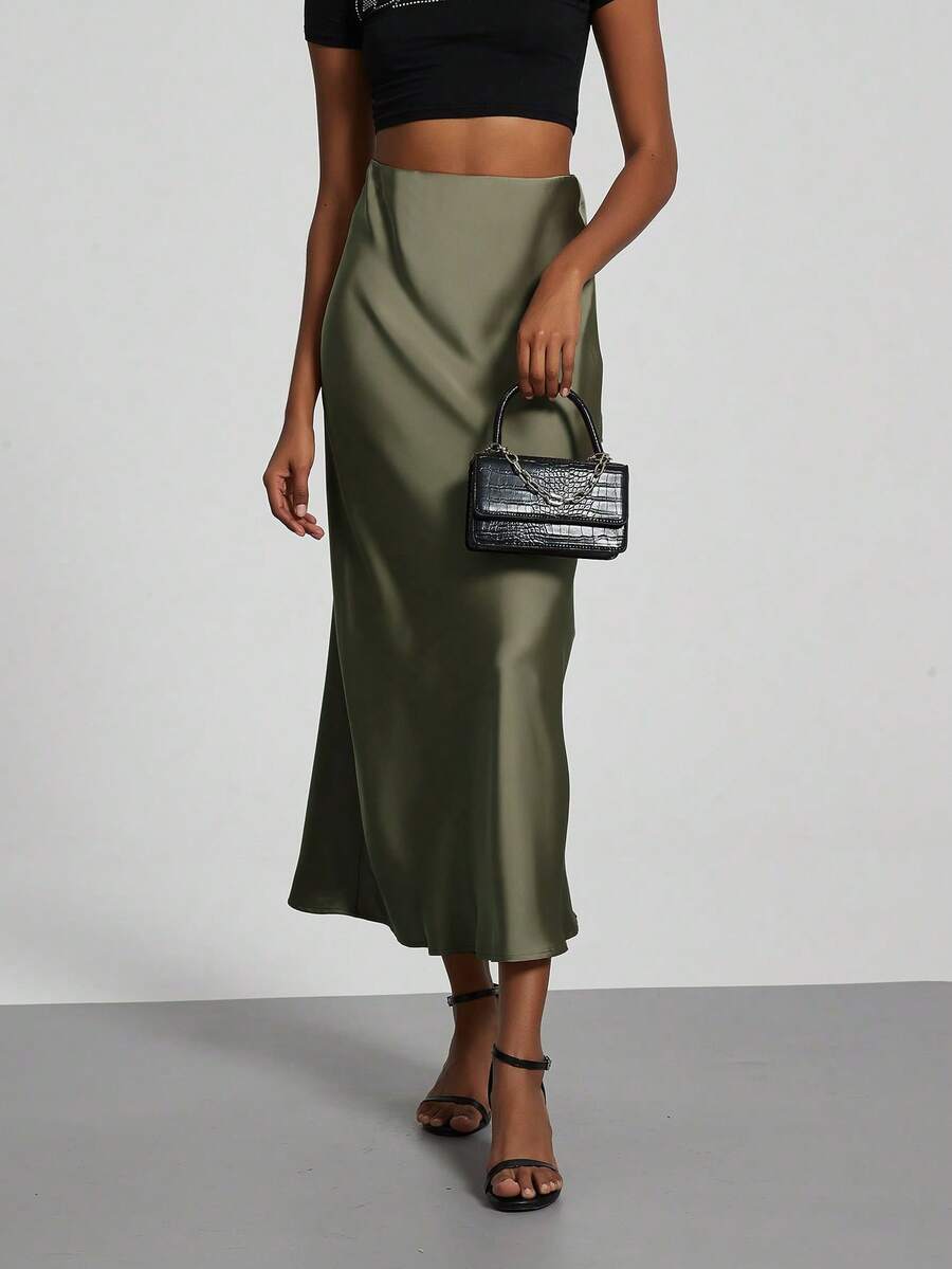 Rosabel Silky Satin Elastic Waist Maxi Slip Skirt - Olive