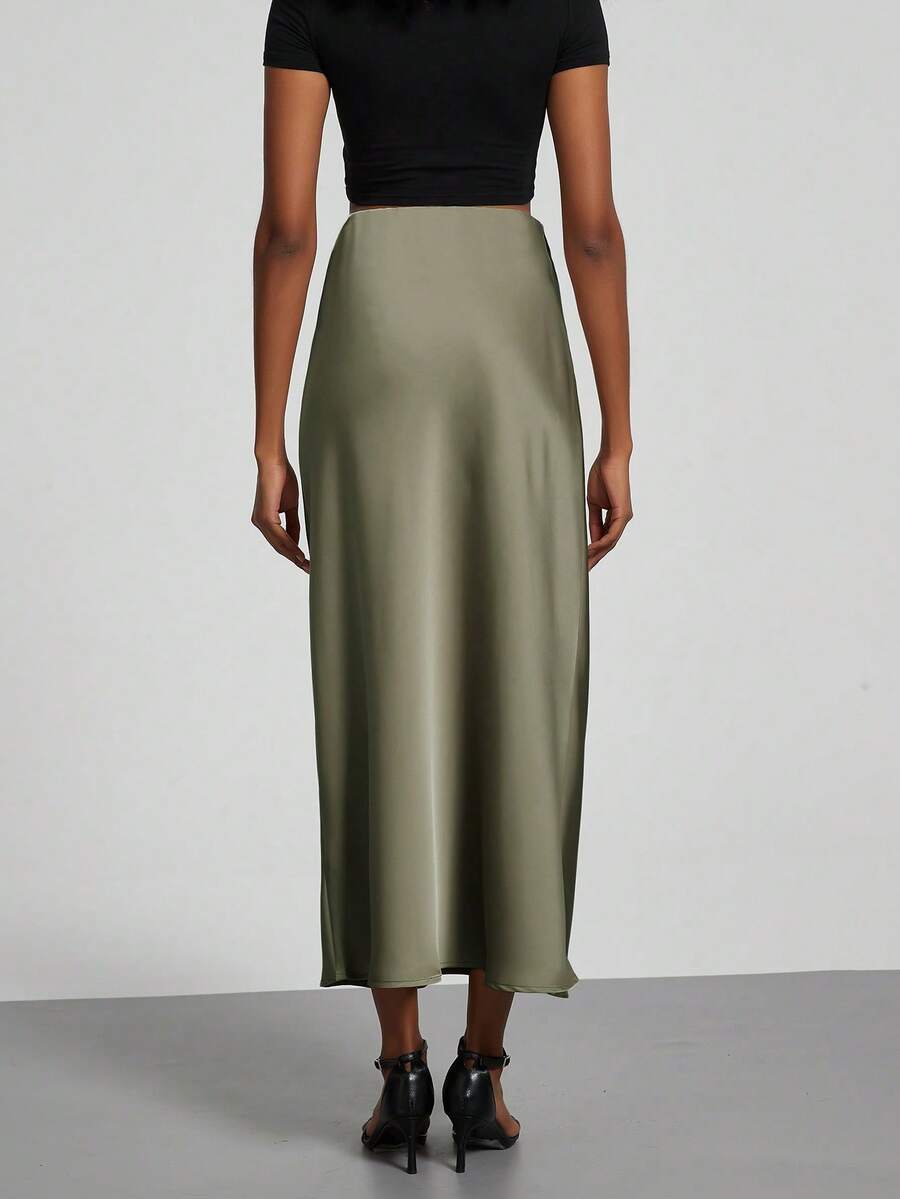 Rosabel Silky Satin Elastic Waist Maxi Slip Skirt - Olive