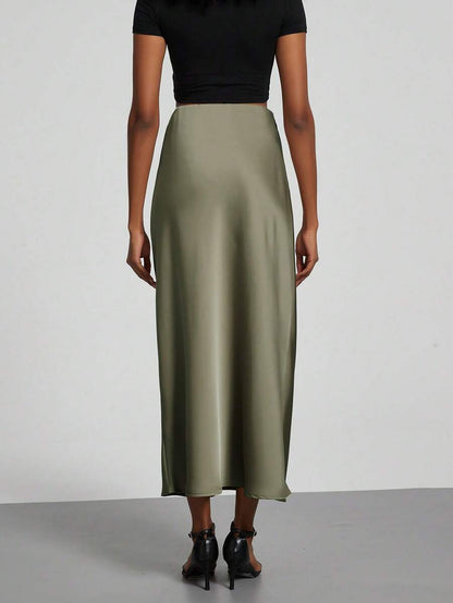 Rosabel Silky Satin Elastic Waist Maxi Slip Skirt - Olive