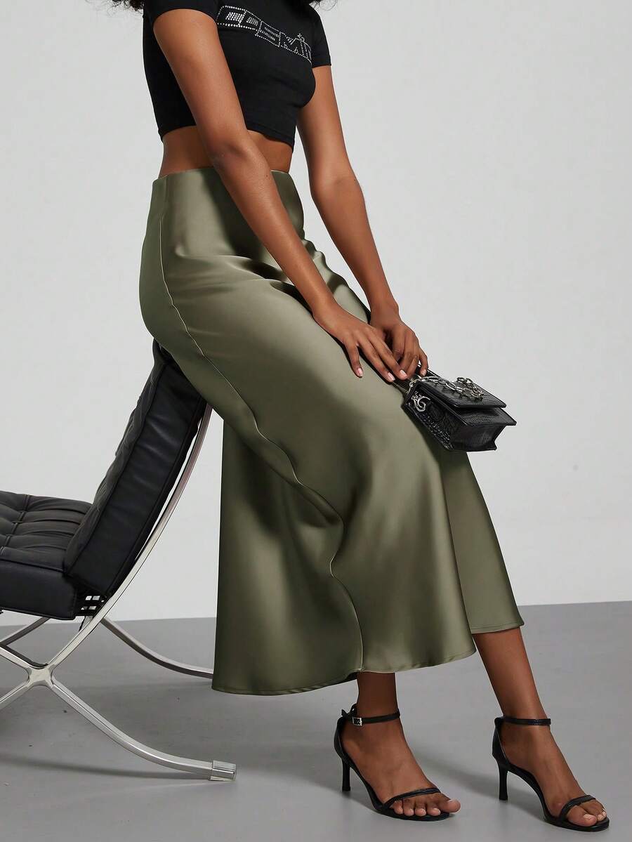 Rosabel Silky Satin Elastic Waist Maxi Slip Skirt - Olive