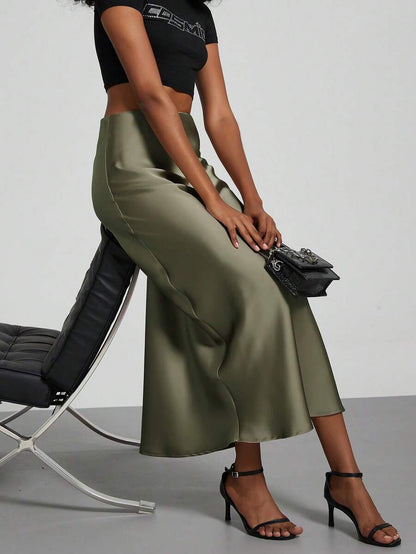 Rosabel Silky Satin Elastic Waist Maxi Slip Skirt - Olive