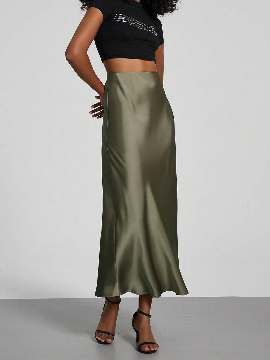 Rosabel Silky Satin Elastic Waist Maxi Slip Skirt - Olive