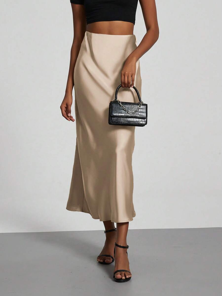 Rosabel Silky Satin Elastic Waist Maxi Slip Skirt - Champagne