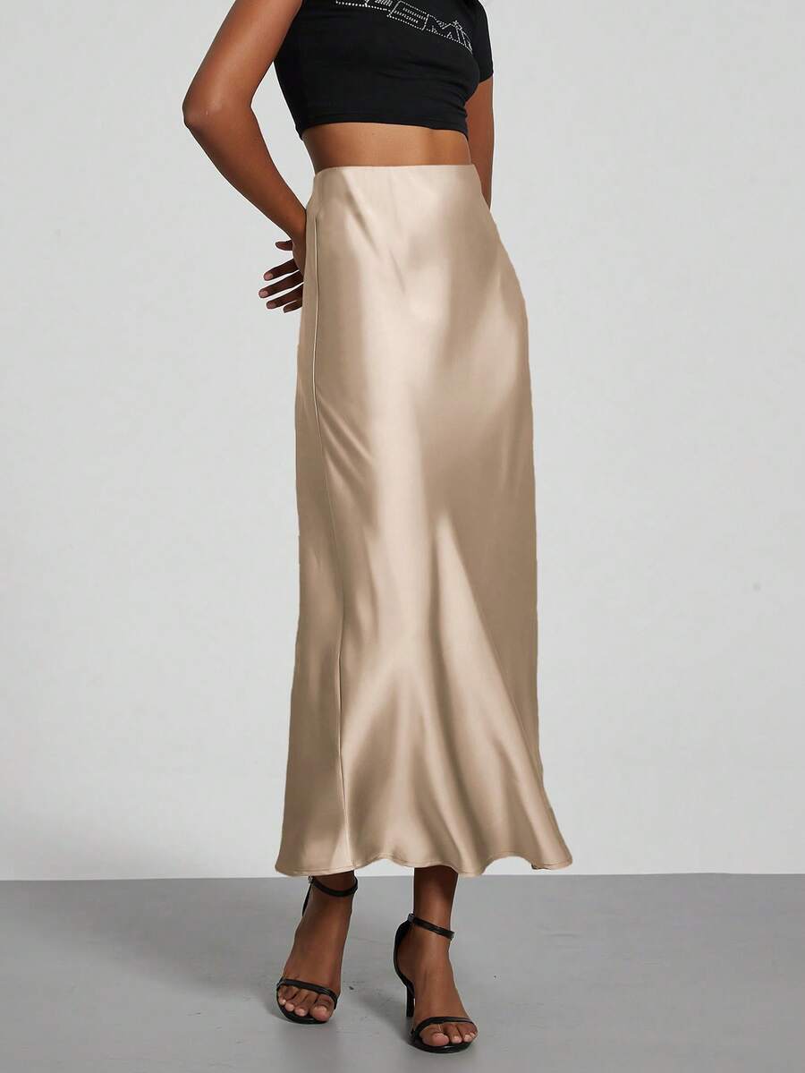 Rosabel Silky Satin Elastic Waist Maxi Slip Skirt - Champagne