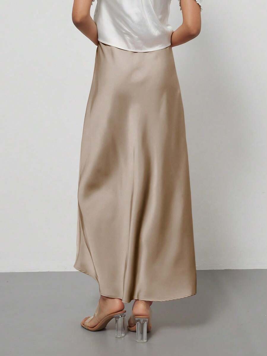 Rosabel Silky Satin Elastic Waist Maxi Slip Skirt - Champagne