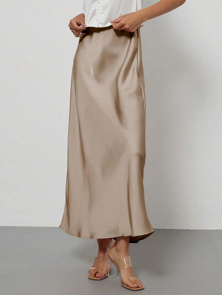 Rosabel Silky Satin Elastic Waist Maxi Slip Skirt - Champagne