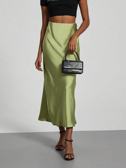 Rosabel Silky Satin Elastic Waist Maxi Slip Skirt - Pistachio