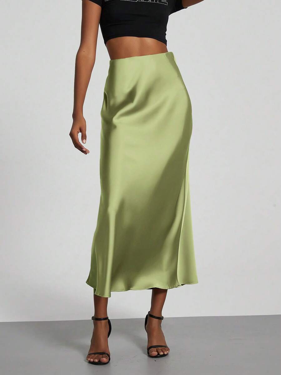 Rosabel Silky Satin Elastic Waist Maxi Slip Skirt - Pistachio
