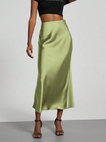 Rosabel Silky Satin Elastic Waist Maxi Slip Skirt - Pistachio