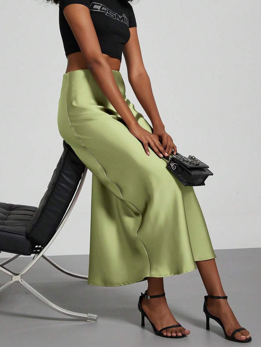 Rosabel Silky Satin Elastic Waist Maxi Slip Skirt - Pistachio