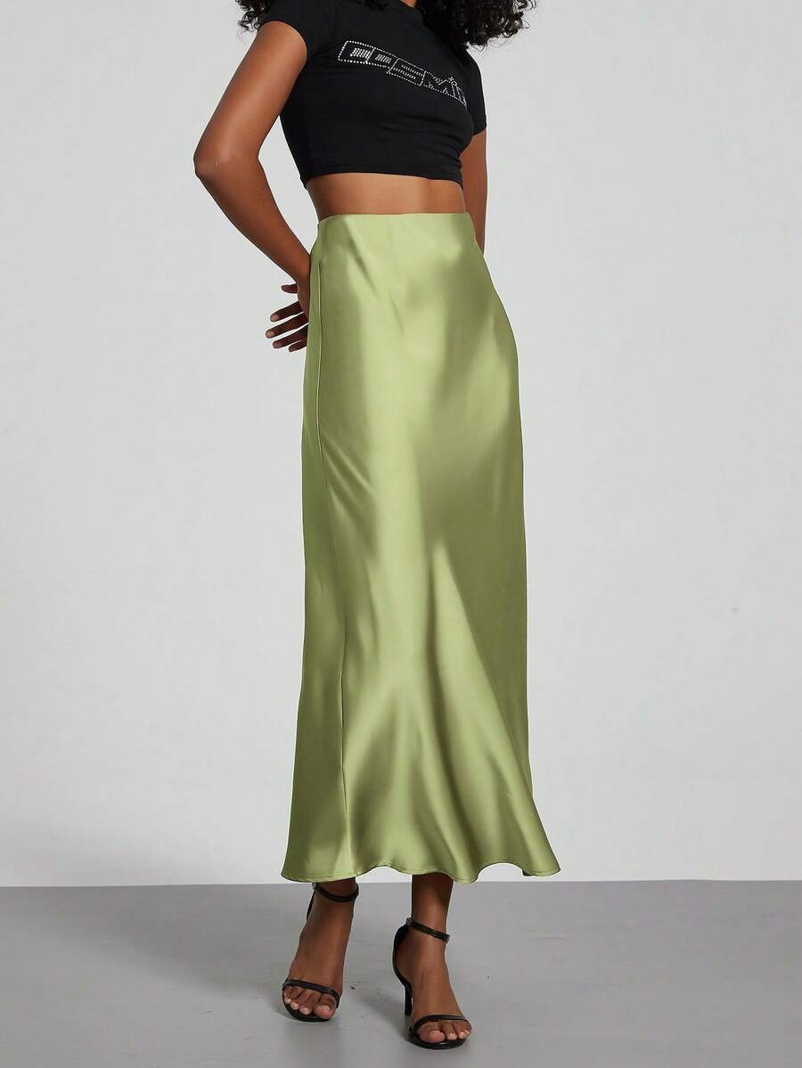 Rosabel Silky Satin Elastic Waist Maxi Slip Skirt - Pistachio