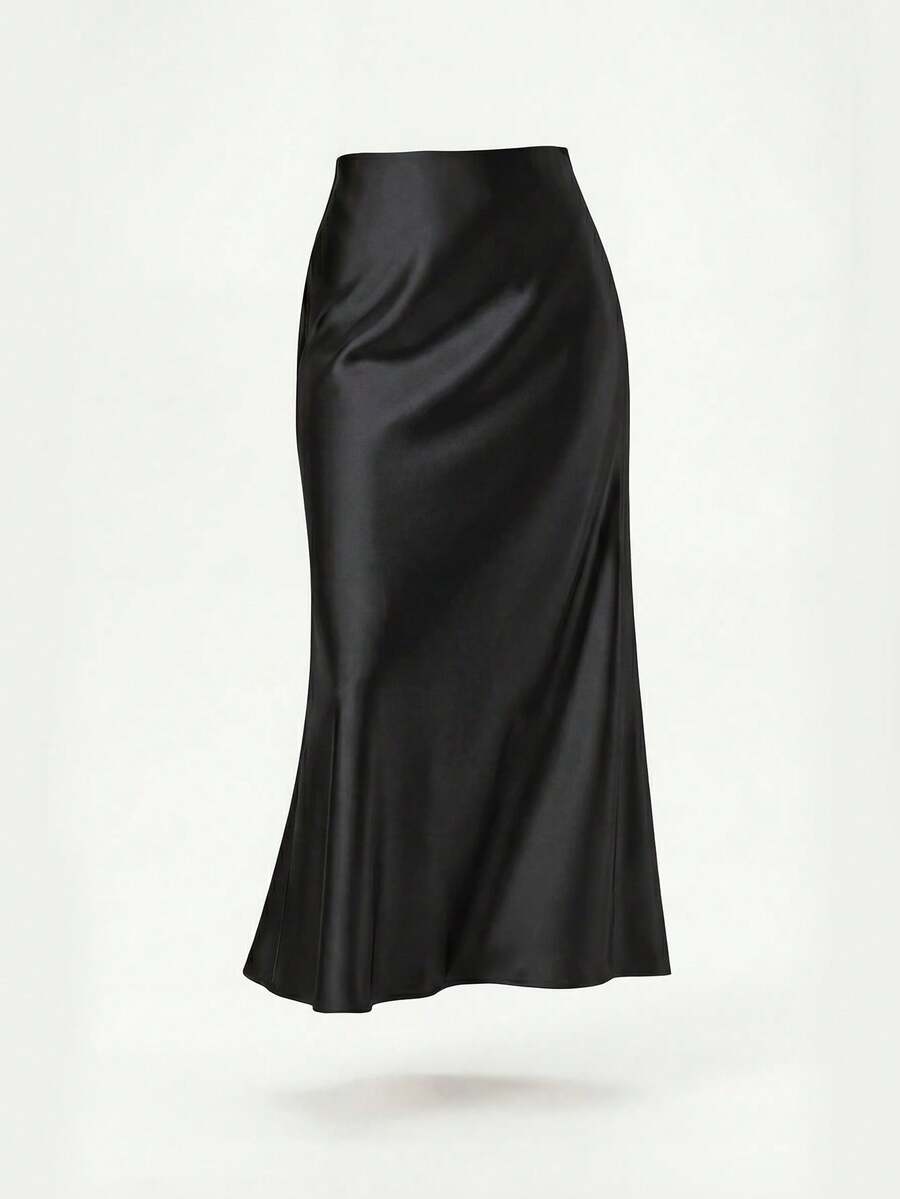 Rosabel Silky Satin Elastic Waist Maxi Slip Skirt - Black