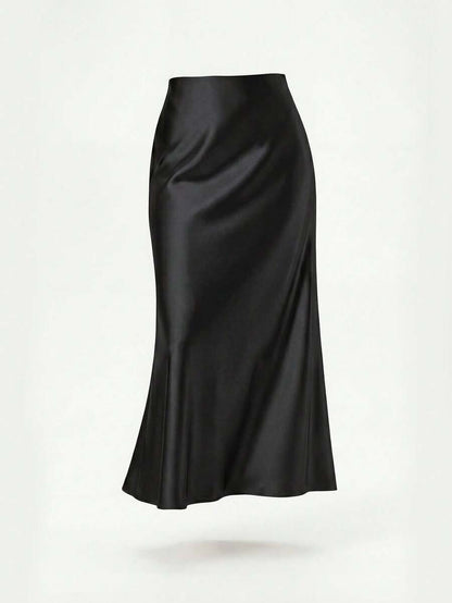 Rosabel Silky Satin Elastic Waist Maxi Slip Skirt - Black