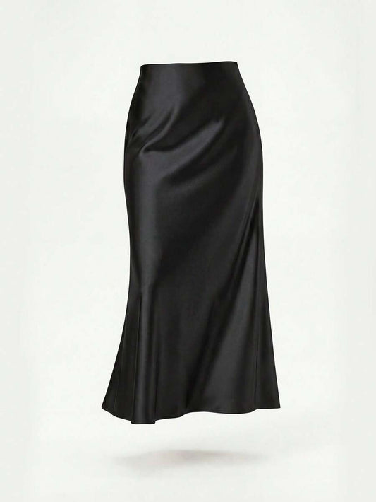 Rosabel Silky Satin Elastic Waist Maxi Slip Skirt - Black