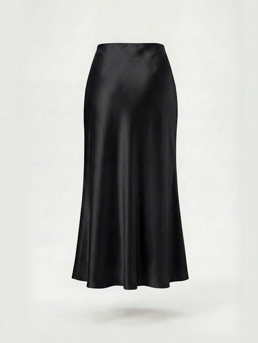 Rosabel Silky Satin Elastic Waist Maxi Slip Skirt - Black