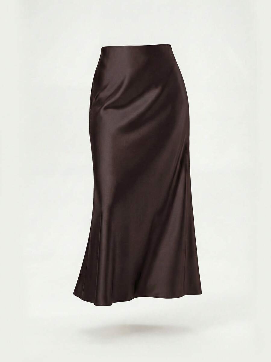 Rosabel Silky Satin Elastic Waist Maxi Slip Skirt - Chocolate Brown
