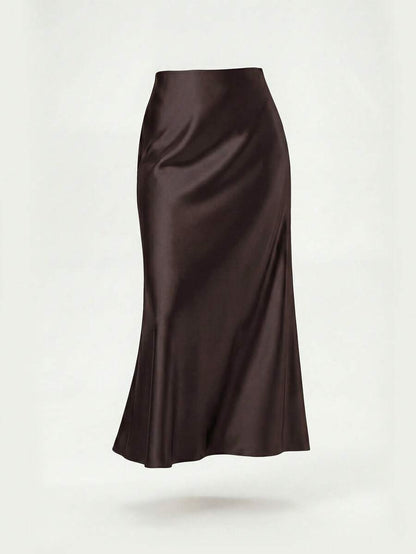 Rosabel Silky Satin Elastic Waist Maxi Slip Skirt - Chocolate Brown