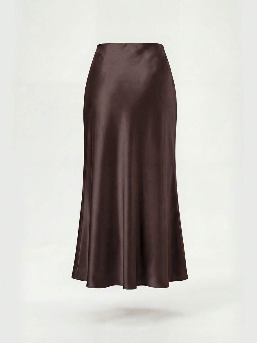 Rosabel Silky Satin Elastic Waist Maxi Slip Skirt - Chocolate Brown