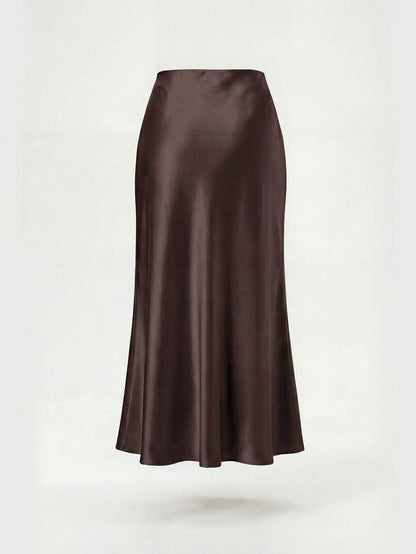 Rosabel Silky Satin Elastic Waist Maxi Slip Skirt - Chocolate Brown