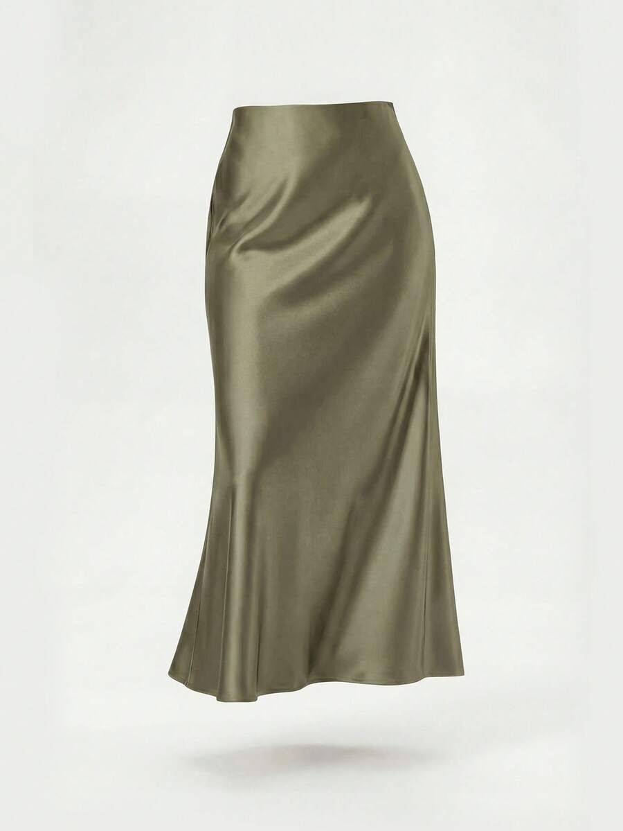 Rosabel Silky Satin Elastic Waist Maxi Slip Skirt - Olive