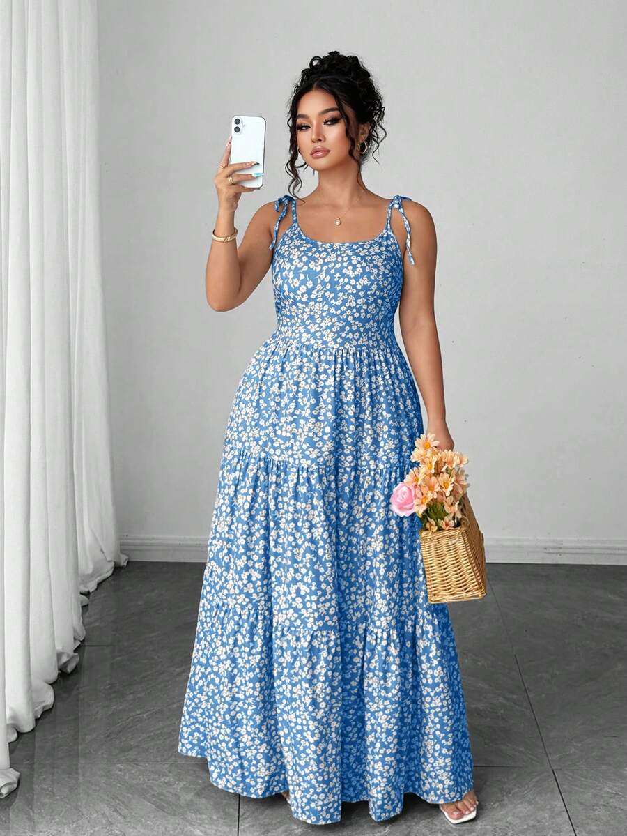 Elenzga Women's Casual Elegant Green Ditsy Floral Spaghetti Strap Backless Dress, Summer Mensa