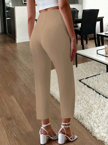 Women's Pleated Tapered Ankle Trousers, Stretch Dress Pants for Work Office - Coffee Brown