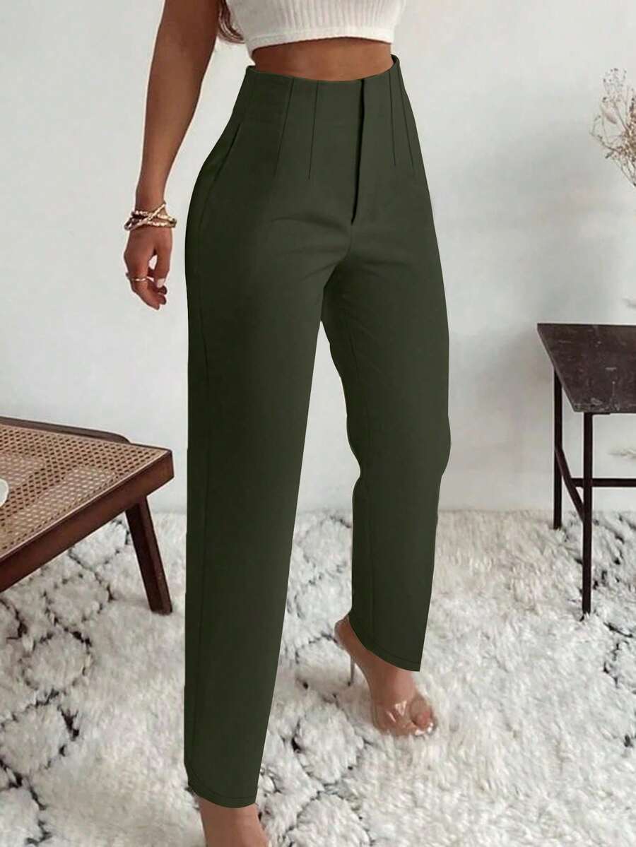 Women's Pleated Tapered Ankle Trousers, Stretch Dress Pants for Work Office - Coffee Brown