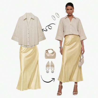 Rosabel Silky Satin Elastic Waist Maxi Slip Skirt - Butter Yellow