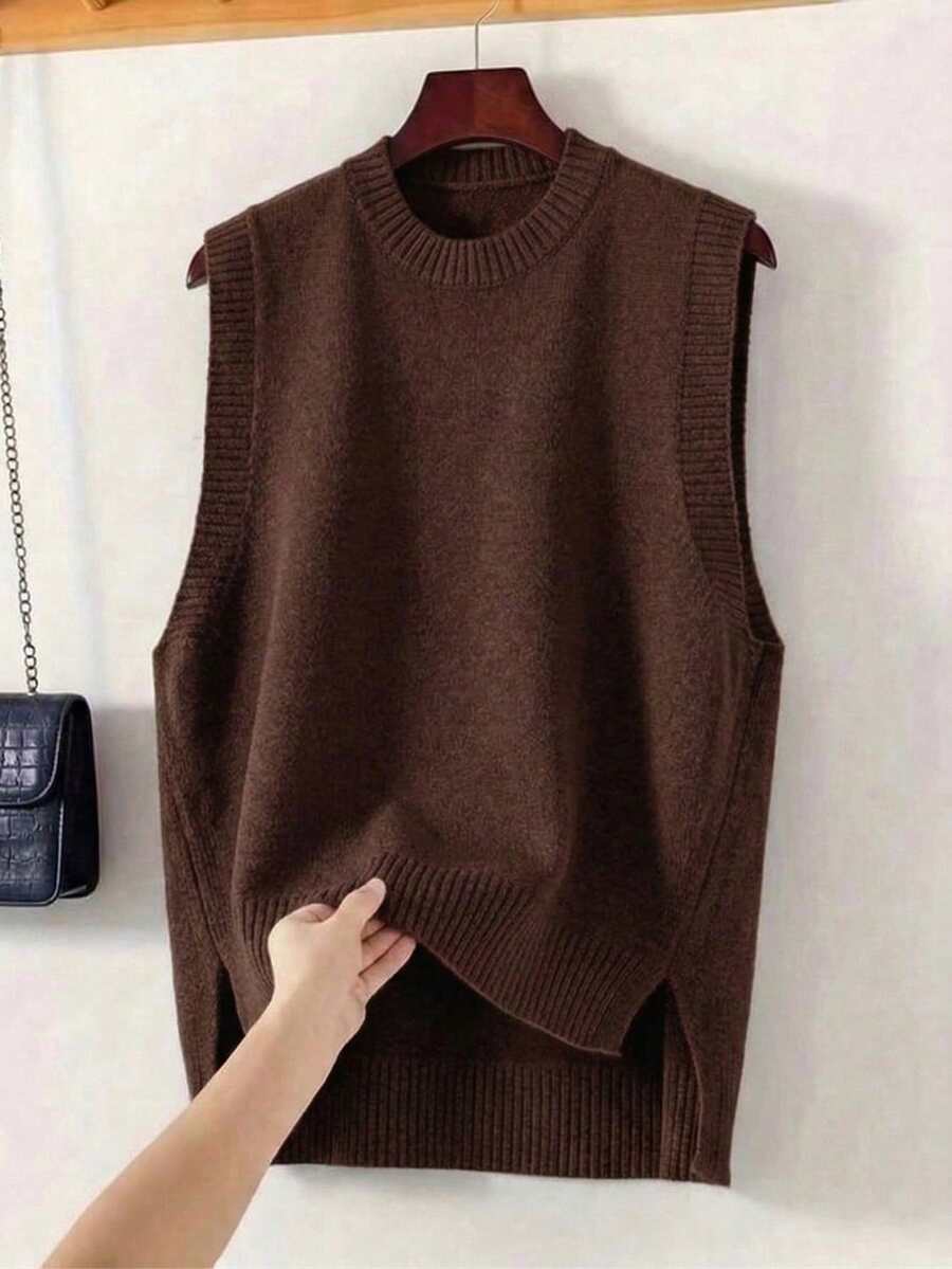 Women's Side Slit Knit Sweater Vest, Sleeveless Layering Top for Fall Work Casual - Chocolate Brown