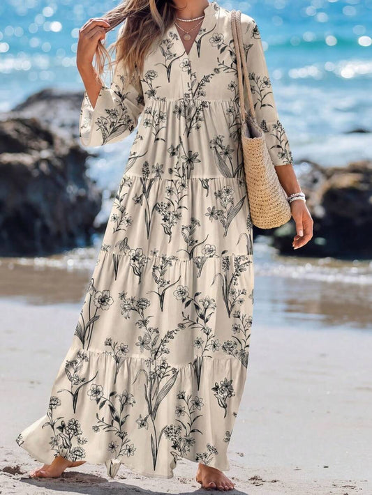 Sylviya Watercolor Floral Print V-Neck Pleated Long Sleeve Dress For Women, Suitable For Summer,Dresses For Women Summer Fall Clothes Chic Dress Mensa