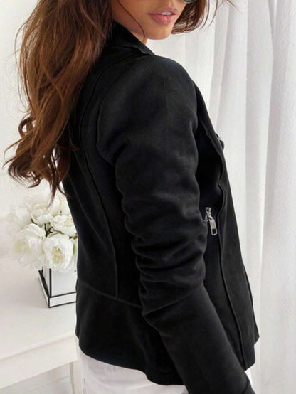 Mireille Fleece Lined Faux Suede Zip Jacket with Stand Collar - Black