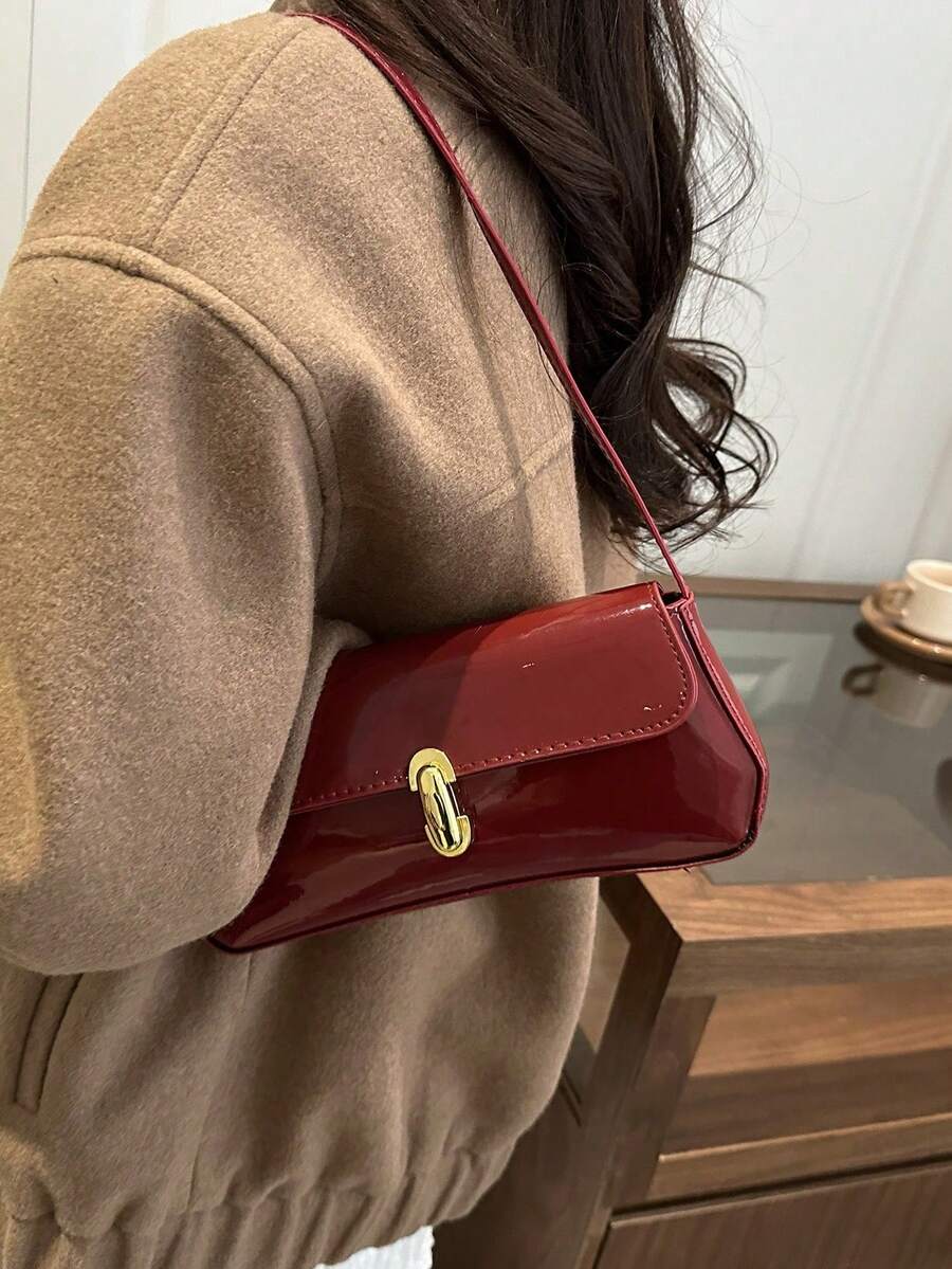 Women's Coffee Brown Shoulder Bag Quiet Luxury Metal Decor Small Underarm Purse - Red