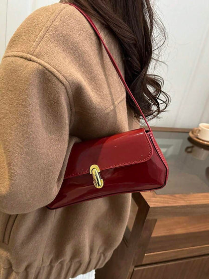 Women's Coffee Brown Shoulder Bag Quiet Luxury Metal Decor Small Underarm Purse - Red