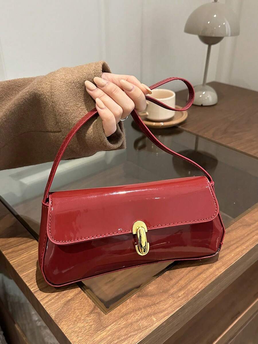 Women's Coffee Brown Shoulder Bag Quiet Luxury Metal Decor Small Underarm Purse - Red