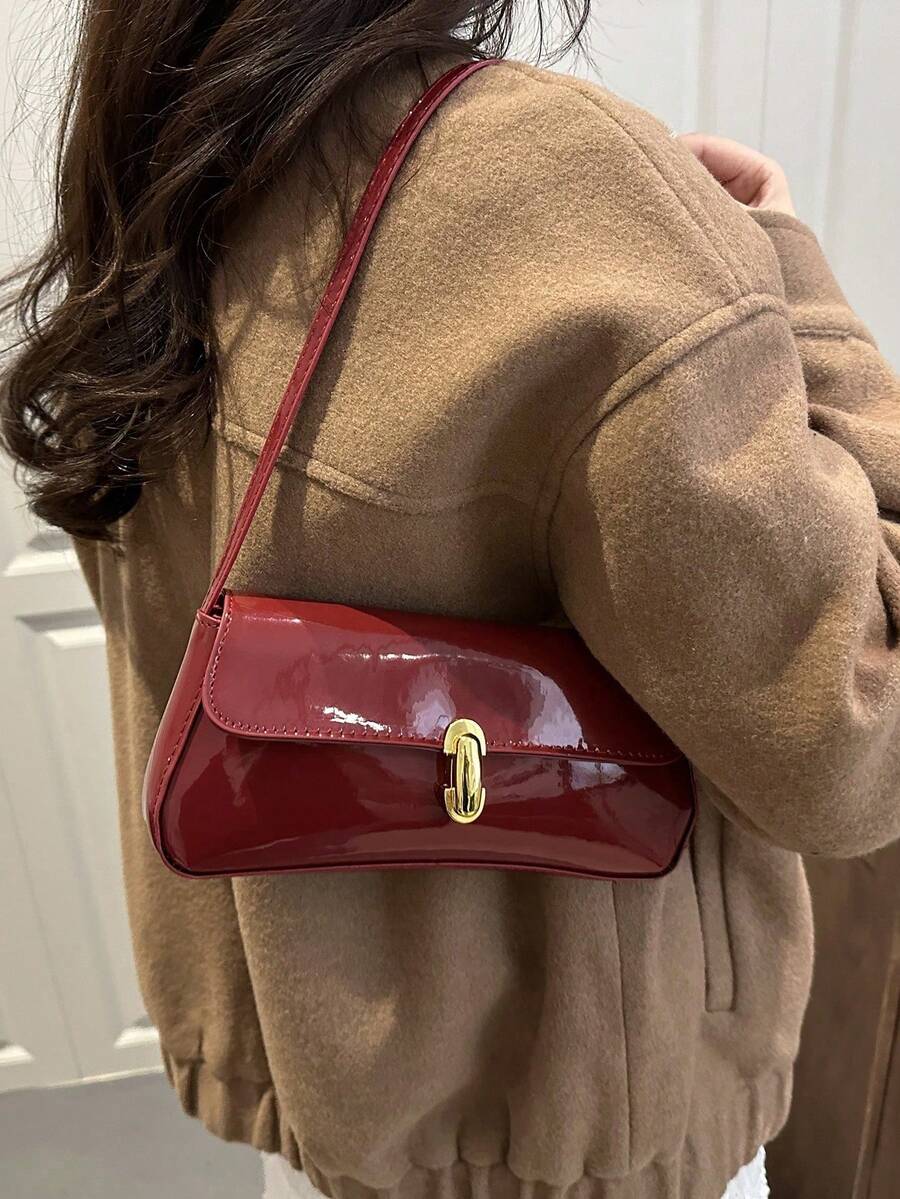 Women's Coffee Brown Shoulder Bag Quiet Luxury Metal Decor Small Underarm Purse - Red