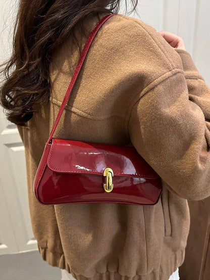 Women's Coffee Brown Shoulder Bag Quiet Luxury Metal Decor Small Underarm Purse - Red