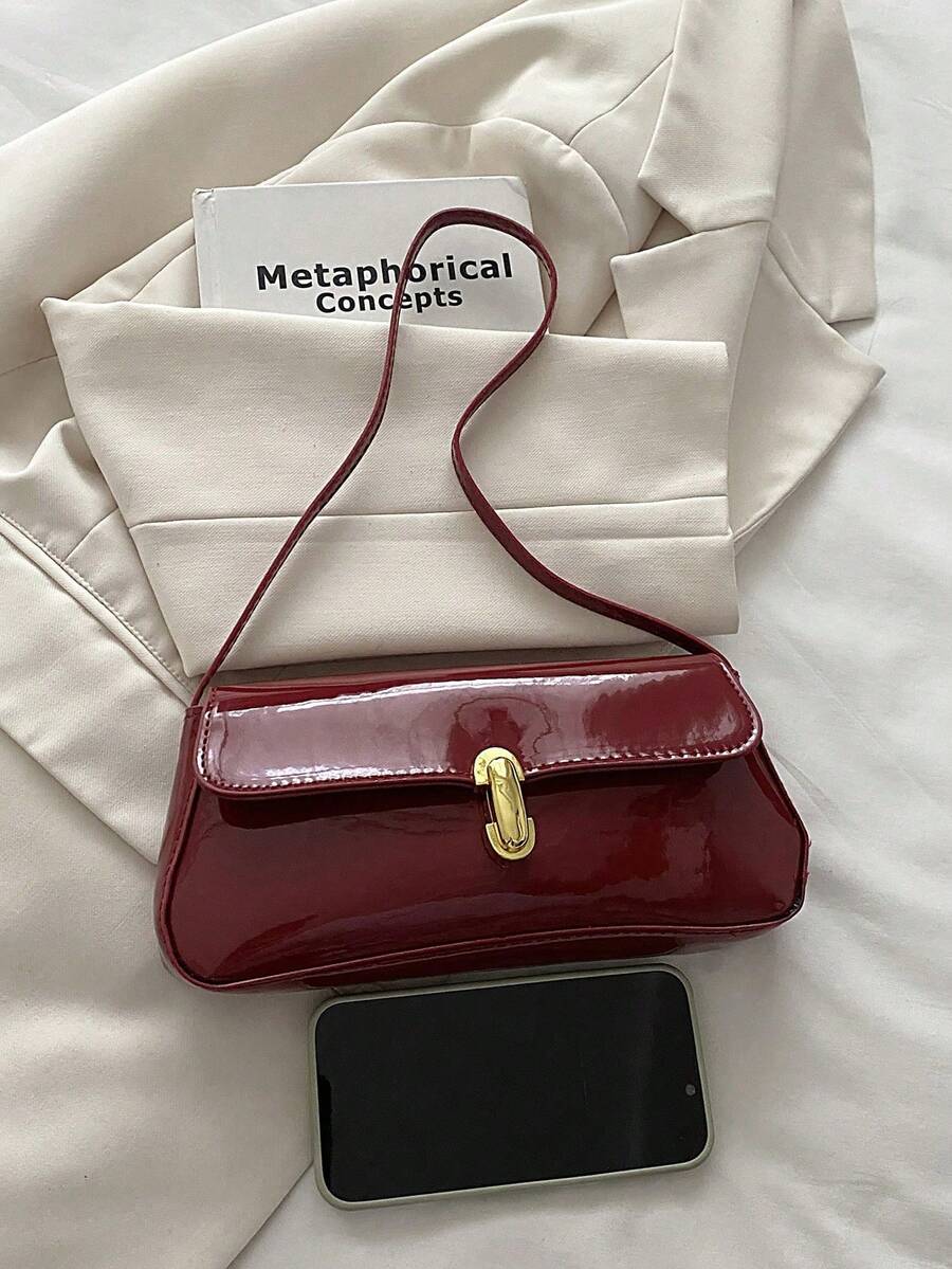 Women's Coffee Brown Shoulder Bag Quiet Luxury Metal Decor Small Underarm Purse - Red