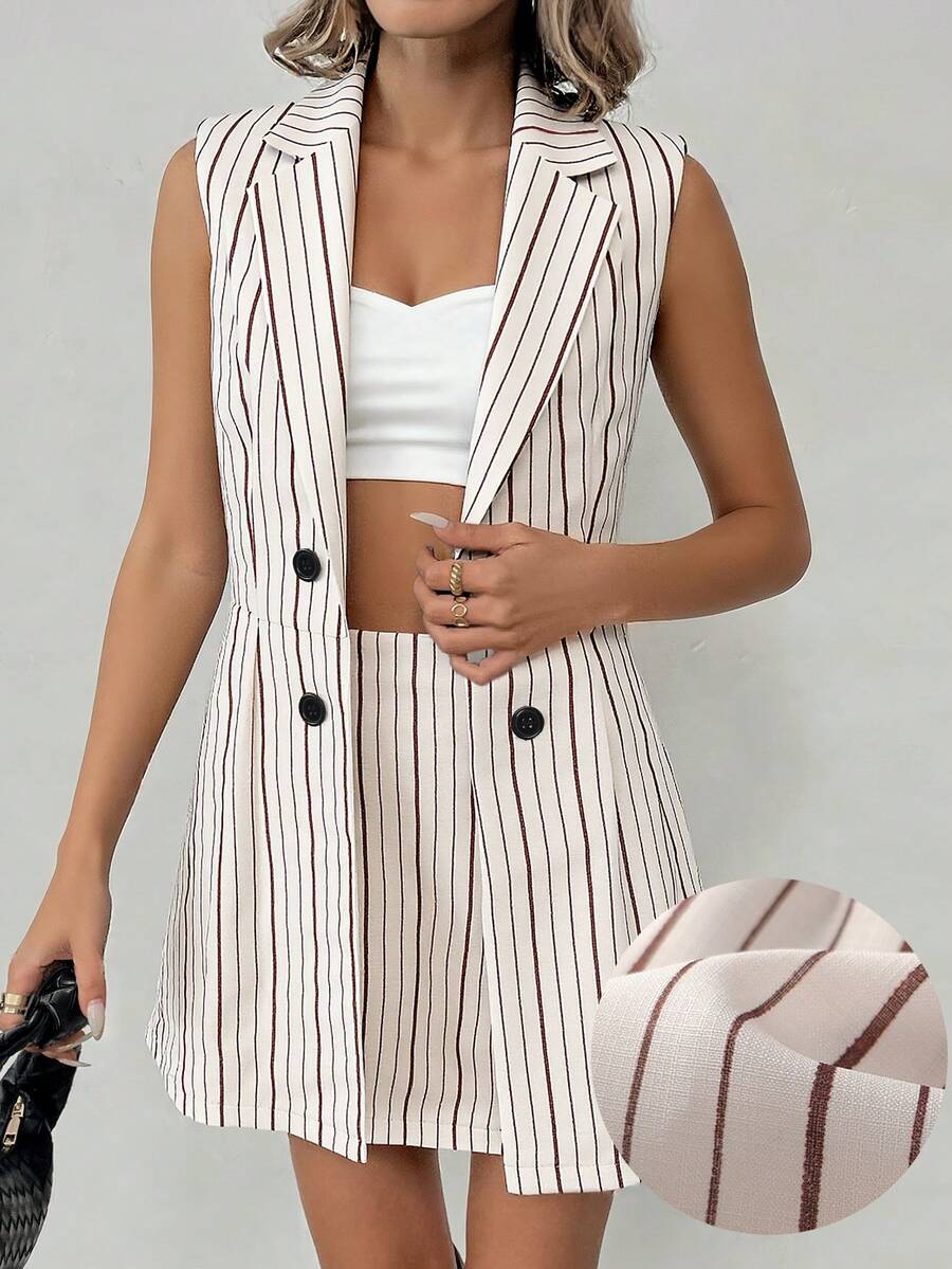 Sadie Two Piece Set Sleeveless Blazer Vest and Mini Skirt - Cream Pinstripe