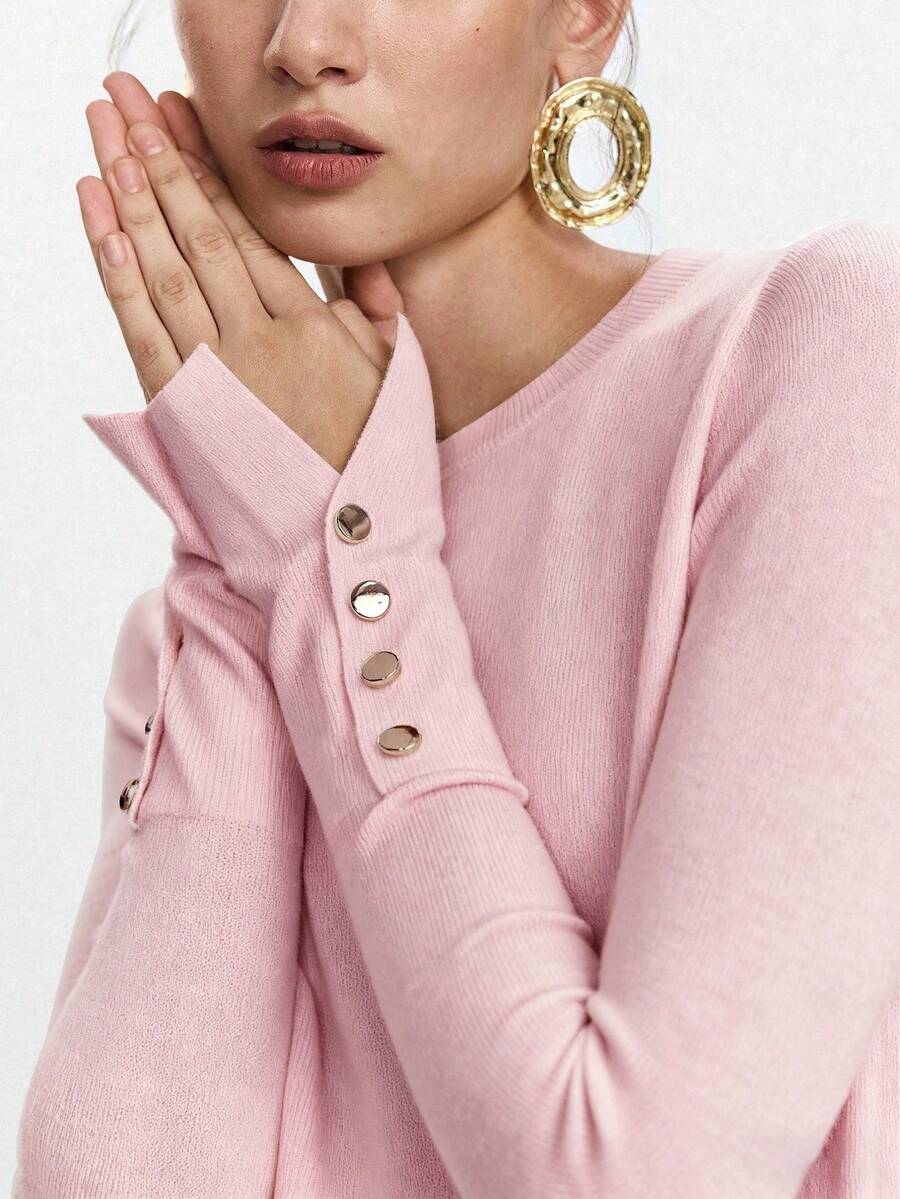 Women's Fine Knit Sweater with Button Cuffs, Lightweight Pullover for Fall Work Casual - Beige