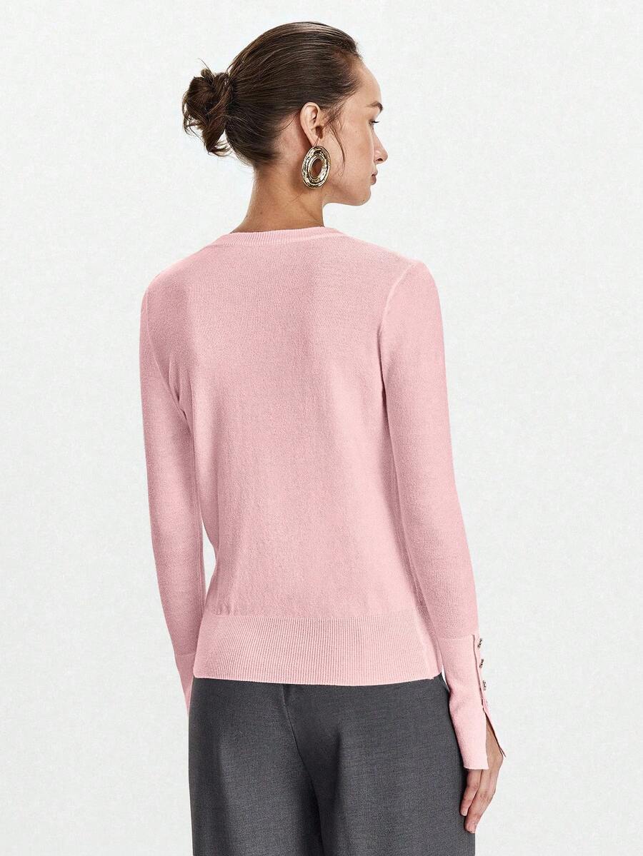 Women's Fine Knit Sweater with Button Cuffs, Lightweight Pullover for Fall Work Casual - Beige