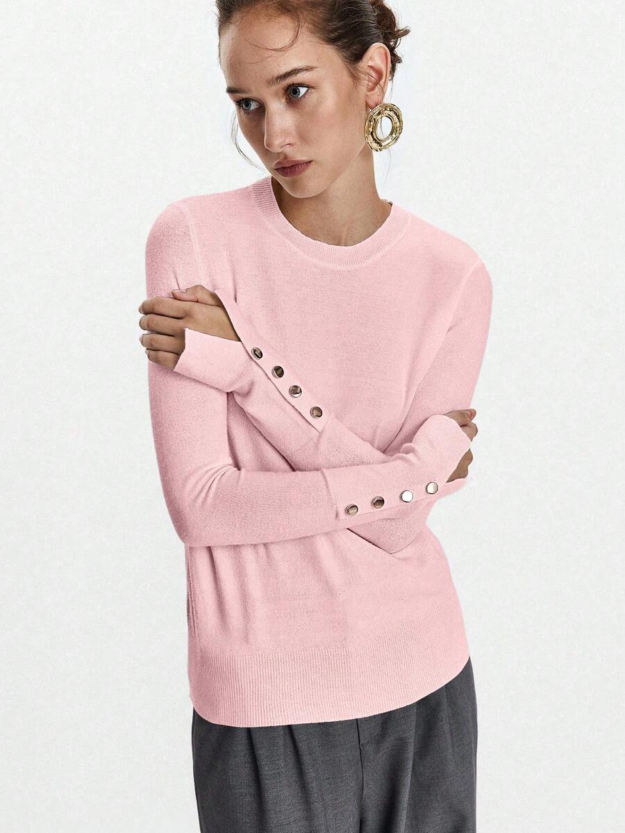 Women's Fine Knit Sweater with Button Cuffs, Lightweight Pullover for Fall Work Casual - Beige